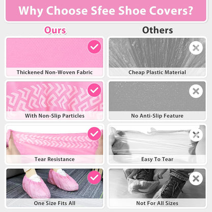 Sfee 100 Pack Shoe Covers-Disposable Shoe Covers for Indoors, Non Slip, Durable, Recyclable Non Woven Booties Shoes Cover for Workplace, Office, Home Floor Carpet Protection, One Size Fits All (Pink)