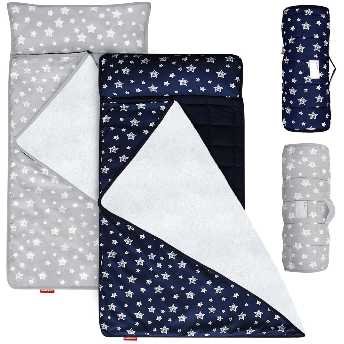 Moonsea Toddler Nap Mat with Pillow and Fleece Minky Blanket Grey