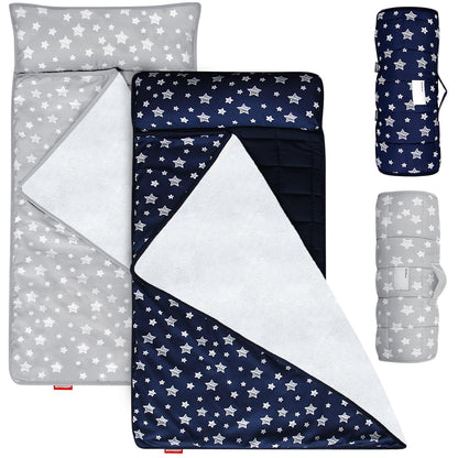 Moonsea Toddler Nap Mat with Pillow and Fleece Minky Blanket Grey