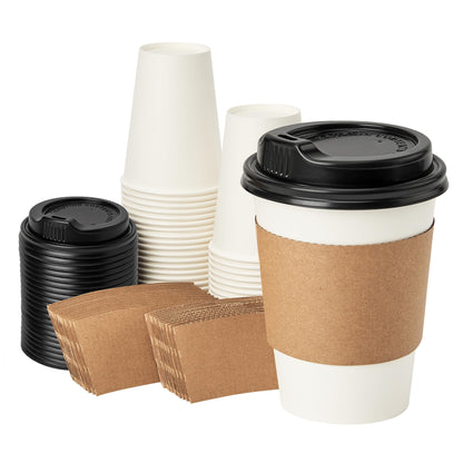 RACETOP 12 oz 50 pack Disposable Paper Coffee Cups with Lids and Sleeves