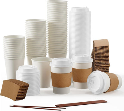 JOLLY PARTY 100 Pack 12 oz Disposable Paper Coffee Cups with Lids & Sleeves