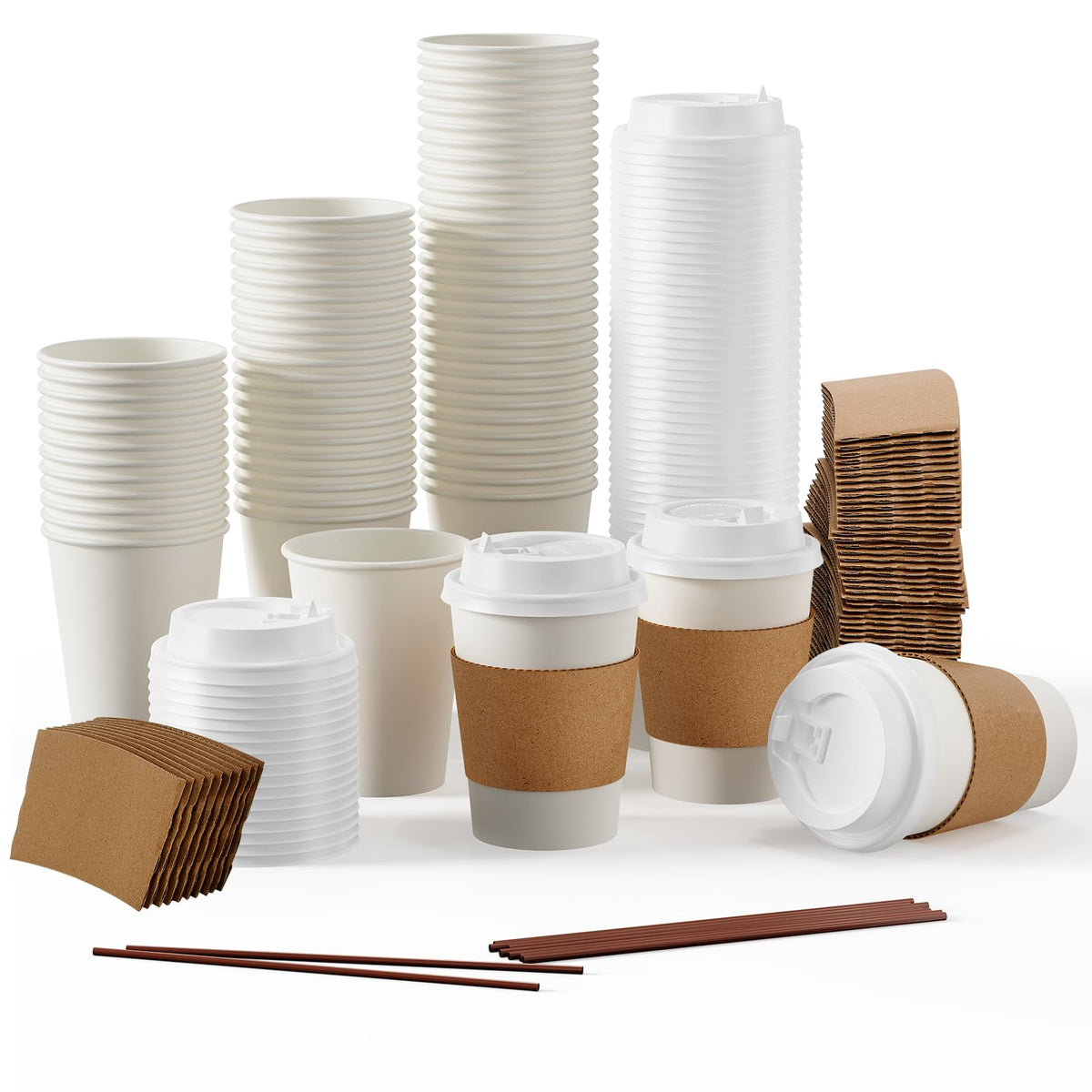 JOLLY PARTY 100 Pack 12 oz Disposable Paper Coffee Cups with Lids & Sleeves