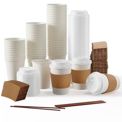 JOLLY PARTY 100 Pack 12 oz Disposable Paper Coffee Cups with Lids & Sleeves