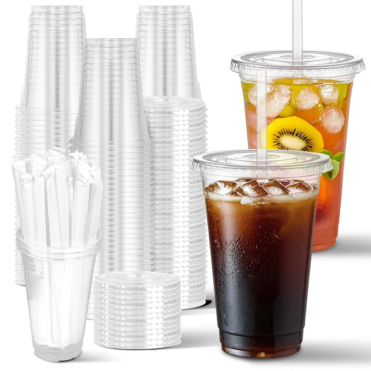 Charmount 100 Sets 16 oz Plastic Cups with Lids and Straws