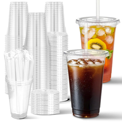 Charmount 100 Sets 16 oz Plastic Cups with Lids and Straws