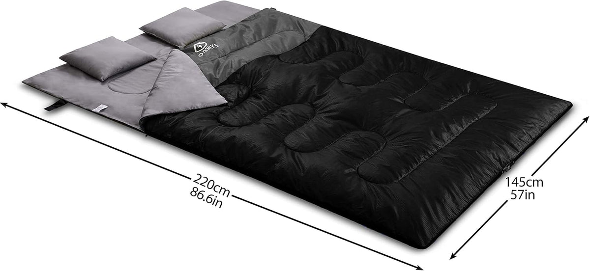 oaskys Double Sleeping Bag for Adults with 2 Pillows - Queen Size XL Waterproof Sleeping Bag for All Season Camping Hiking Backpacking 2 Person Sleeping Bags for Cold Weather & Warm