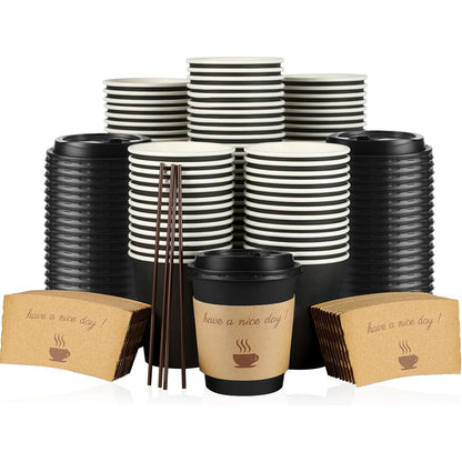 Clawsoff 100 Pack 16 oz Disposable Paper Coffee Cups with Lids(Black)