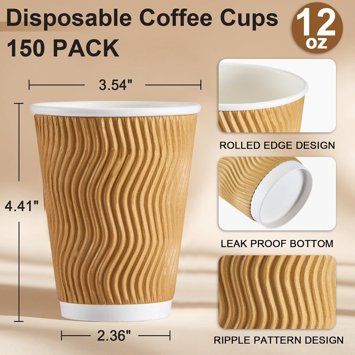 SIUQ 150 Pack 12 oz Disposable Coffee Cups, Insulated Corrugated Paper Cups