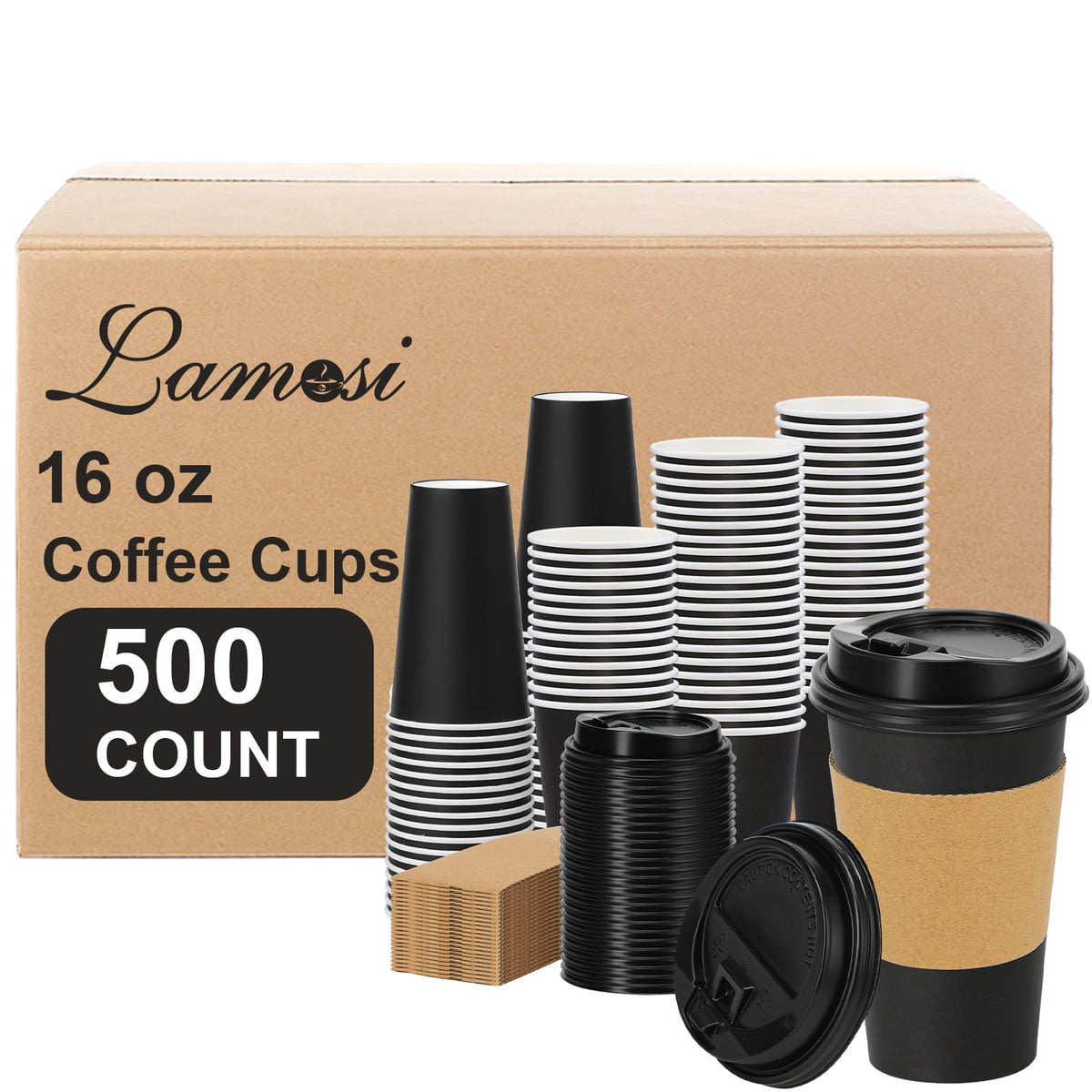 Lamosi 100 Pack 16 oz Disposable Coffee Cups With Lids and Sleeves
