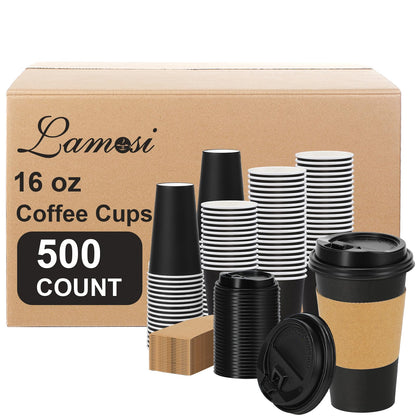 Lamosi 100 Pack 16 oz Disposable Coffee Cups With Lids and Sleeves