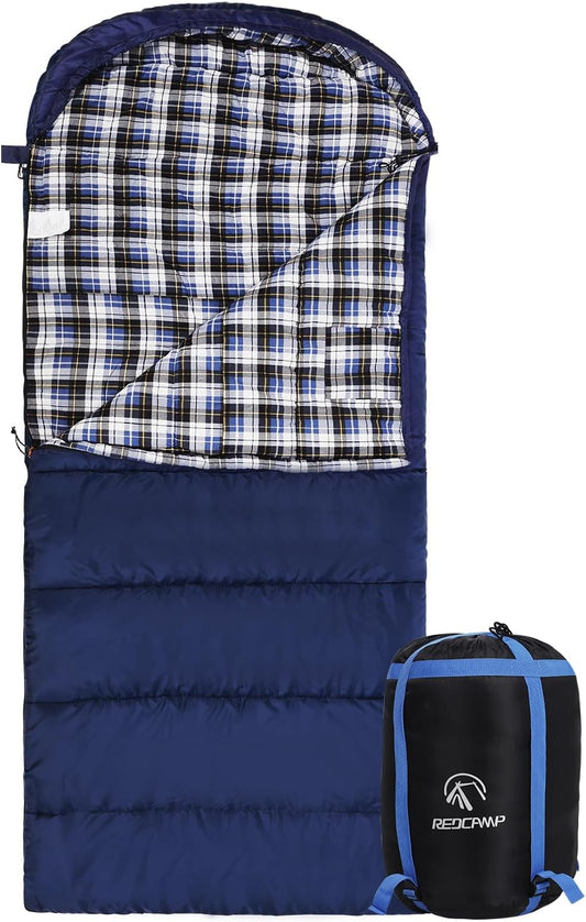 REDCAMP Flannel Sleeping Bag for Adults, Comfortable Cotton Envelope Sleeping Bags for Camping, Backpacking, Hiking, with Detachable Hood&Compression Sack, Blue/Red/Grey/Black