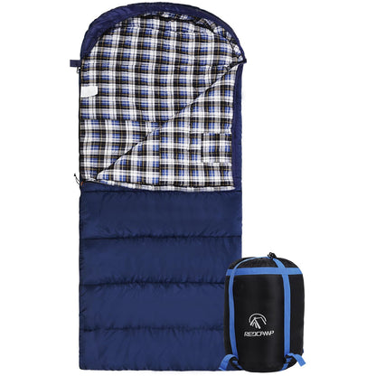 REDCAMP Flannel Sleeping Bag for Adults, Comfortable Cotton Envelope Sleeping Bags for Camping, Backpacking, Hiking, with Detachable Hood&Compression Sack, Blue/Red/Grey/Black