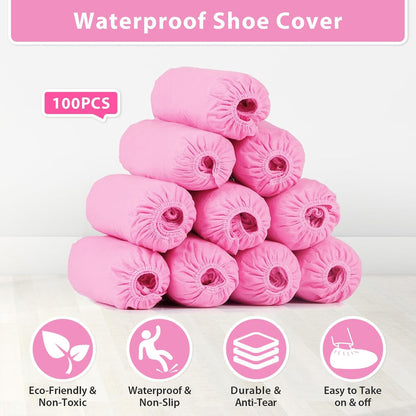 Sfee 100 Pack Shoe Covers-Disposable Shoe Covers for Indoors, Non Slip, Durable, Recyclable Non Woven Booties Shoes Cover for Workplace, Office, Home Floor Carpet Protection, One Size Fits All (Pink)