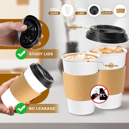 Lamosi 100 Pack 16 oz Disposable Coffee Cups With Lids and Sleeves