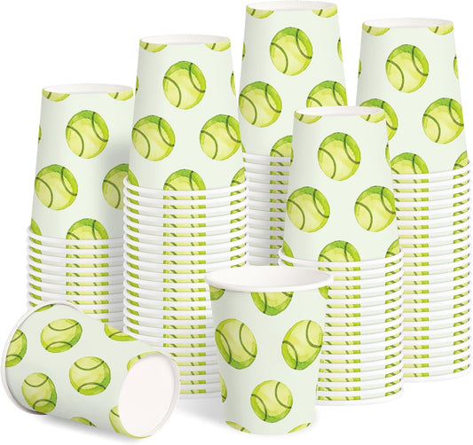RUSPEPA 50 Pack Tennis Paper Cups, 9oz Green Watercolor Tennis Ball Design Disposable Party Cups for Hot/Cold Beverages, Water, Juice, Coffee, Sports Birthday, Team Party, Game Day Supplies