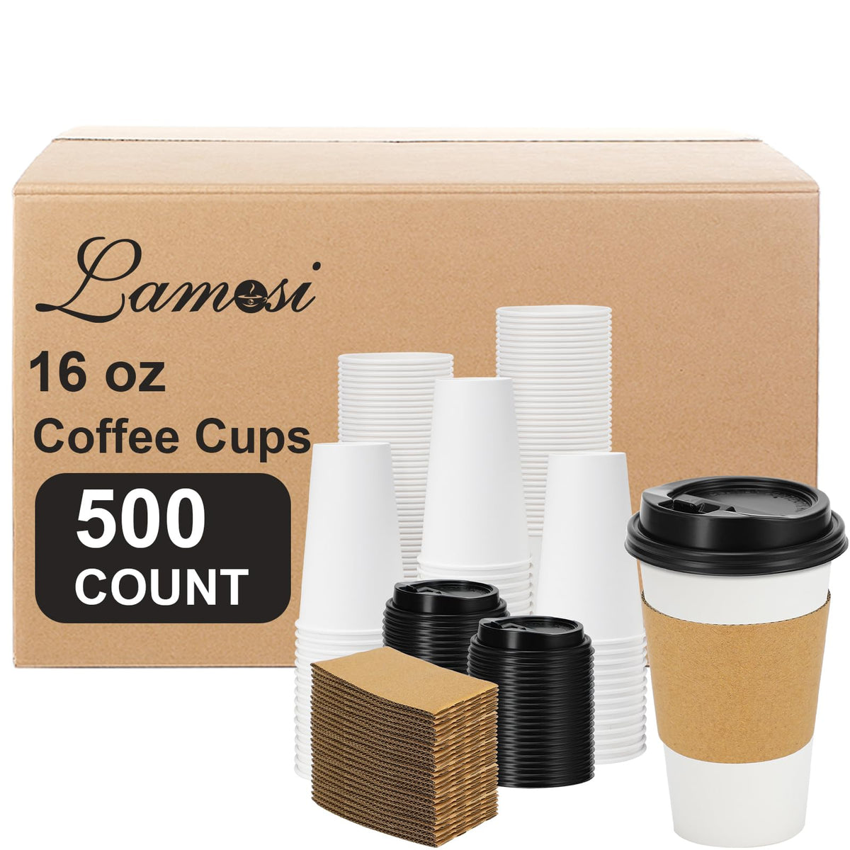Lamosi 100 Pack 16 oz Disposable Coffee Cups With Lids and Sleeves