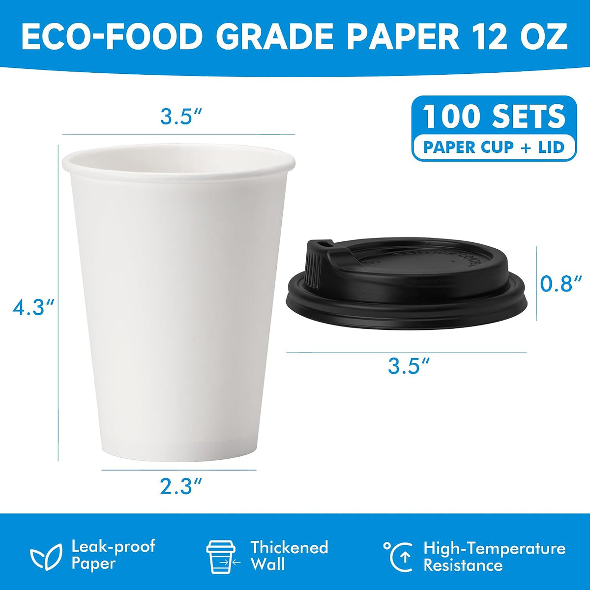 RACETOP Disposable Paper Coffee Cups with Lids, 12 oz, 100 Pack