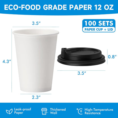 RACETOP Disposable Paper Coffee Cups with Lids, 12 oz, 100 Pack