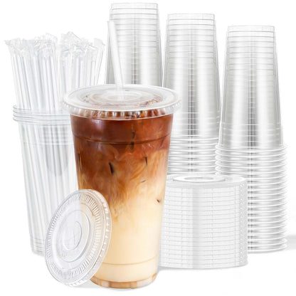 Clawsoff 100 Pack 20 oz Disposable Clear Plastic Cups with Lids and Straws