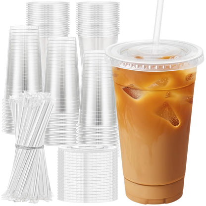 Lamosi 100 Pack 20 oz Plastic Coffee Cups with Lids, Disposable Clear Cups