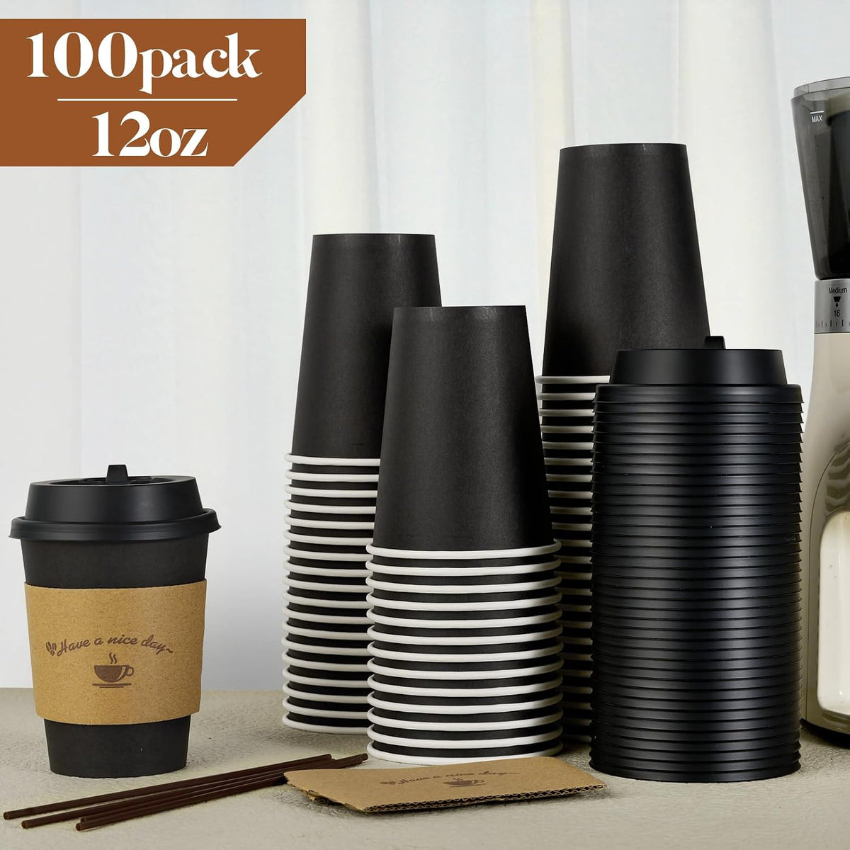 LITOPAK 100 Pack 12 oz Coffee Cups with Lids, Disposable Coffee Cups