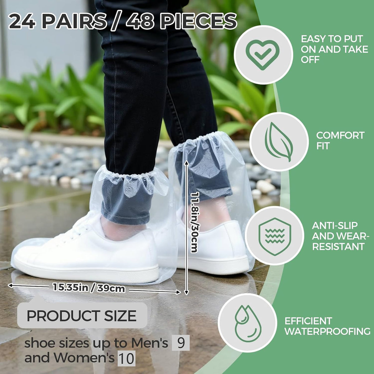 24 Pairs Disposable Waterproof Shoe Covers, Individually Packaged Transparent Plastic, Non-Slip Textured Sole, Fits US Men's 10 / Women's 10, Portable for Outdoor Rainy Days