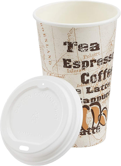 Amazon Basics Disposable Hot Paper Coffee Cups with Lids, To Go, Café Design, 16 oz, 100-Count
