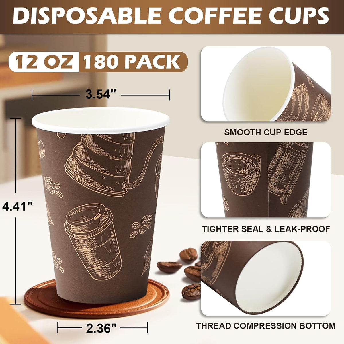12 oz 180 Pack Coffee Cups Disposable Thickened Paper Coffee Cups