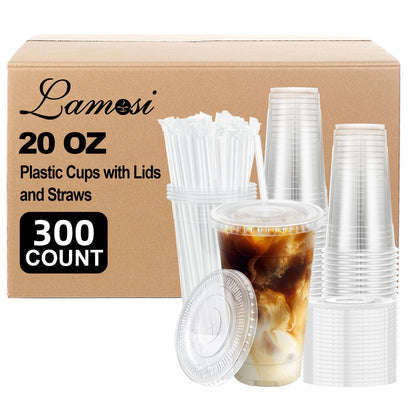 Lamosi 100 Pack 20 oz Plastic Coffee Cups with Lids, Disposable Clear Cups