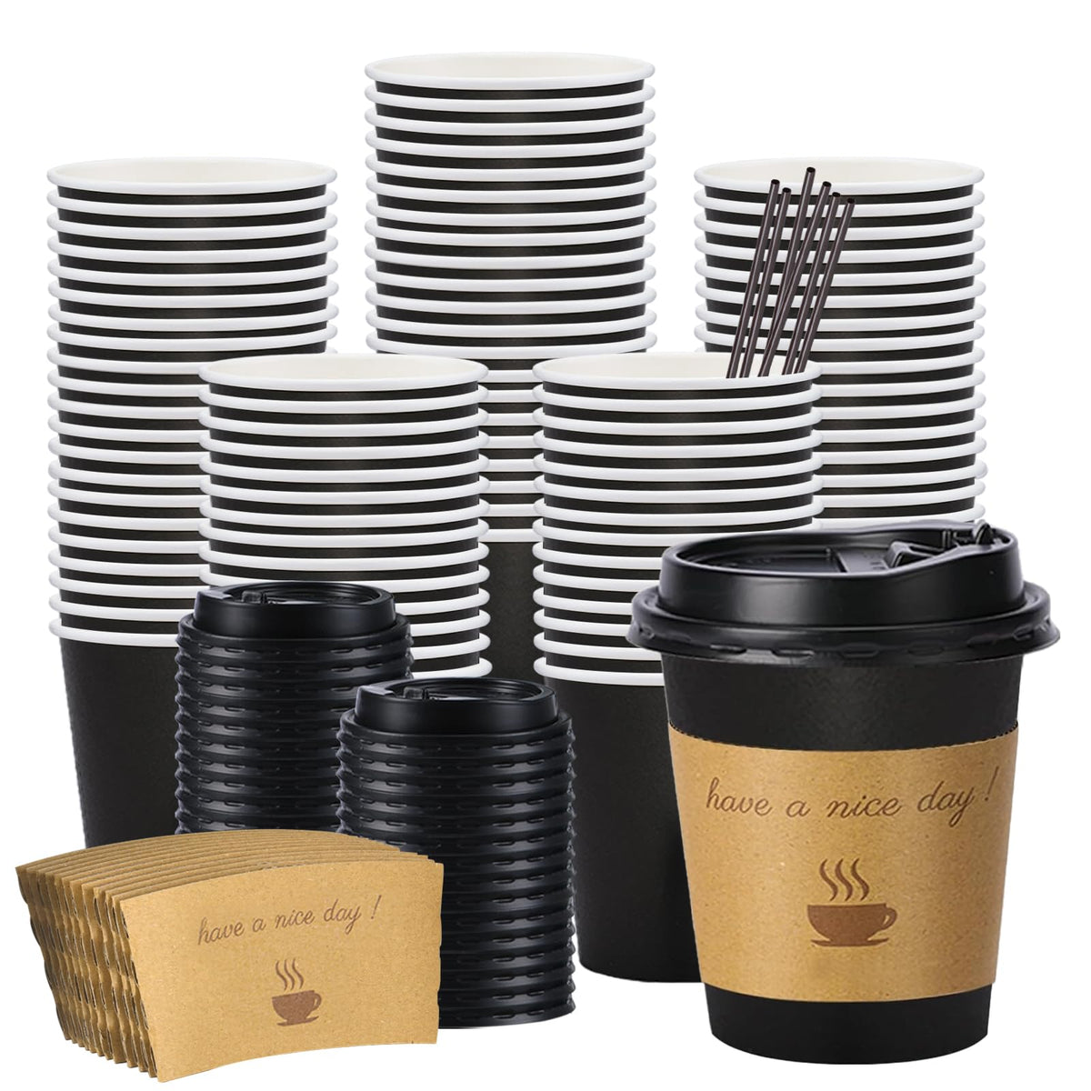BYSNOW 100 pack 12 oz Disposable Coffee Cups with Lids Thickened Hot Cups