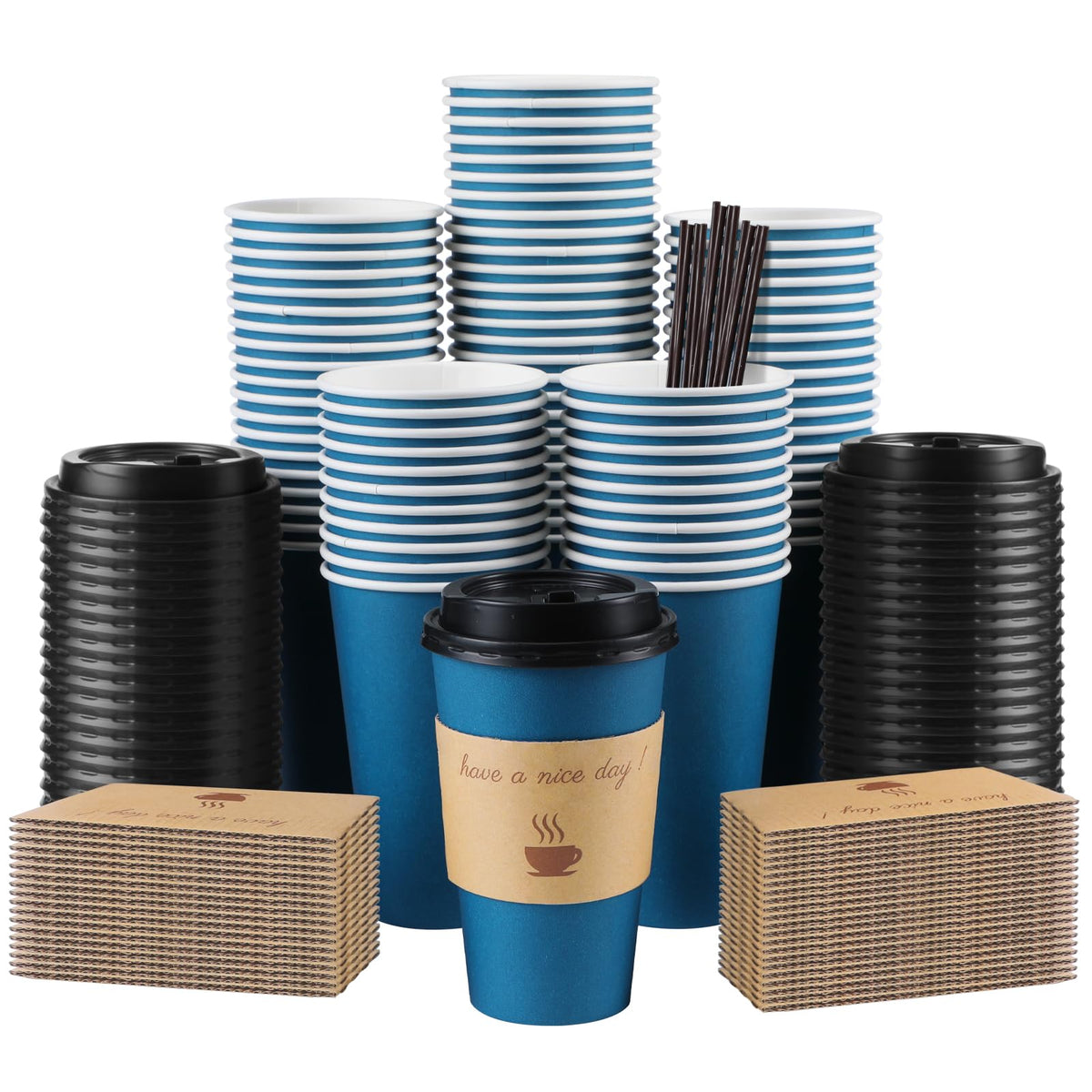 Clawsoff 100 Pack 16 oz Disposable Paper Coffee Cups with Lids(Black)