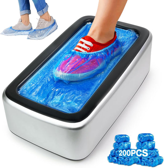 Shoe Cover Dispenser Containing 200pcs Shoe Covers Disposable Non Slip High Quality Automatic Shoe Cover Machine with Disposable Shoe Covers for Indoors for Most Occasion Shoes Size(Silver-black, L)