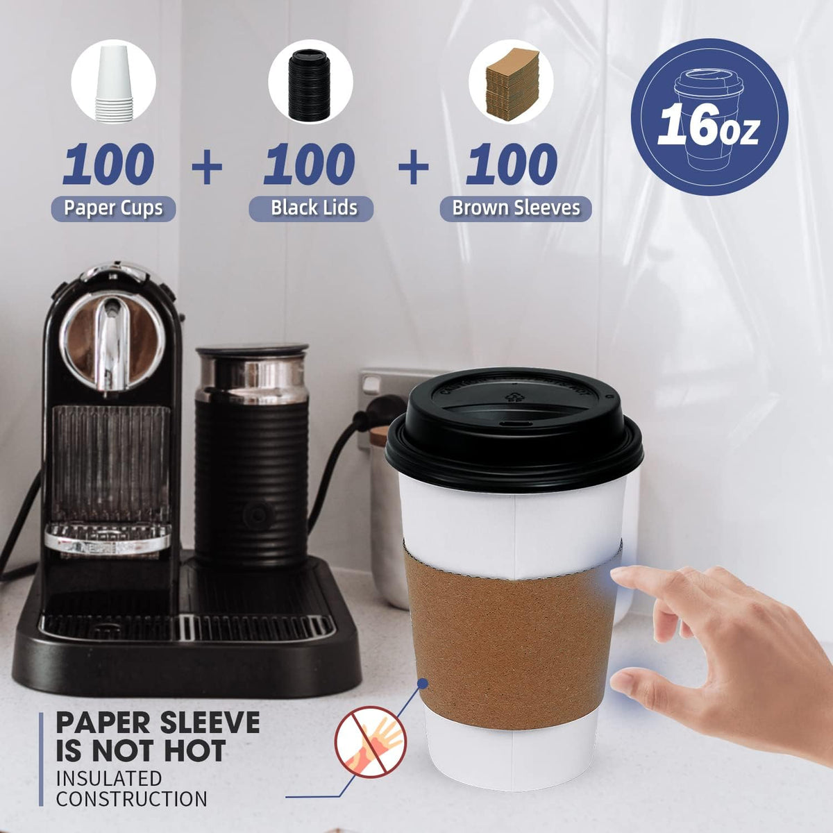 Ginkgo 100 Pack 16 oz Disposable Coffee Cups with Lids and Sleeves