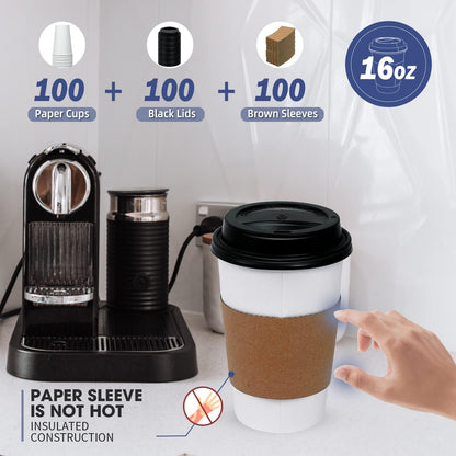 Ginkgo 100 Pack 16 oz Disposable Coffee Cups with Lids and Sleeves