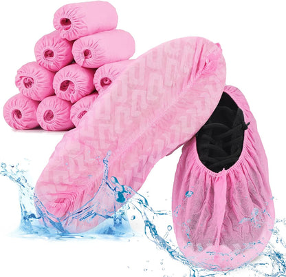 Sfee 100 Pack Shoe Covers-Disposable Shoe Covers for Indoors, Non Slip, Durable, Recyclable Non Woven Booties Shoes Cover for Workplace, Office, Home Floor Carpet Protection, One Size Fits All (Pink)