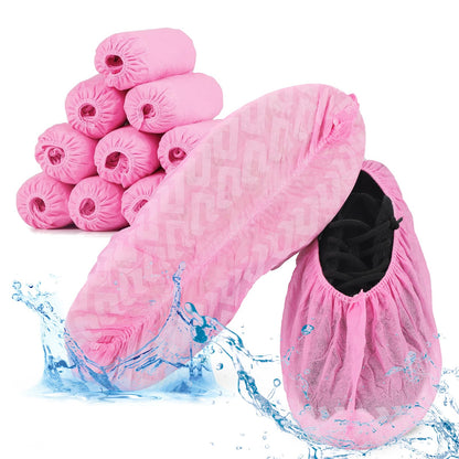 Sfee 100 Pack Shoe Covers-Disposable Shoe Covers for Indoors, Non Slip, Durable, Recyclable Non Woven Booties Shoes Cover for Workplace, Office, Home Floor Carpet Protection, One Size Fits All (Pink)