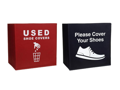 2 Pack Shoe Cover Boxes for Realtor, Home, Office. Blue and Red Foldable Boxes Come as a Set with Please Cover Your Shoes and Used Shoe Covers Sign for Disposable Booties