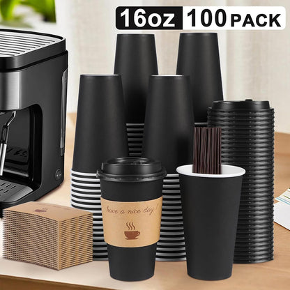 Clawsoff 100 Pack 16 oz Disposable Paper Coffee Cups with Lids(Black)