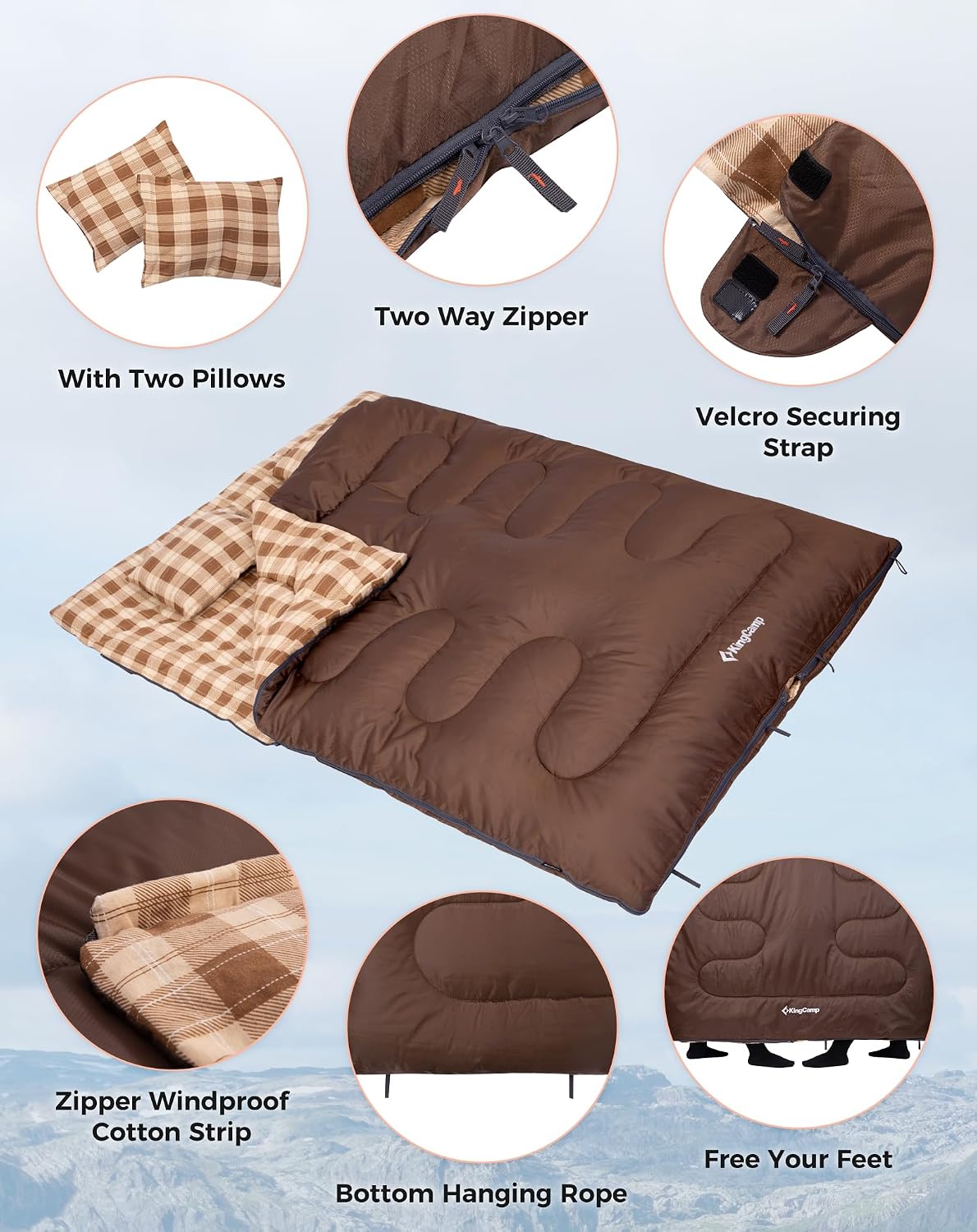 KingCamp Double Sleeping Bag for Adults, Queen Size 2 Person Sleeping Bag