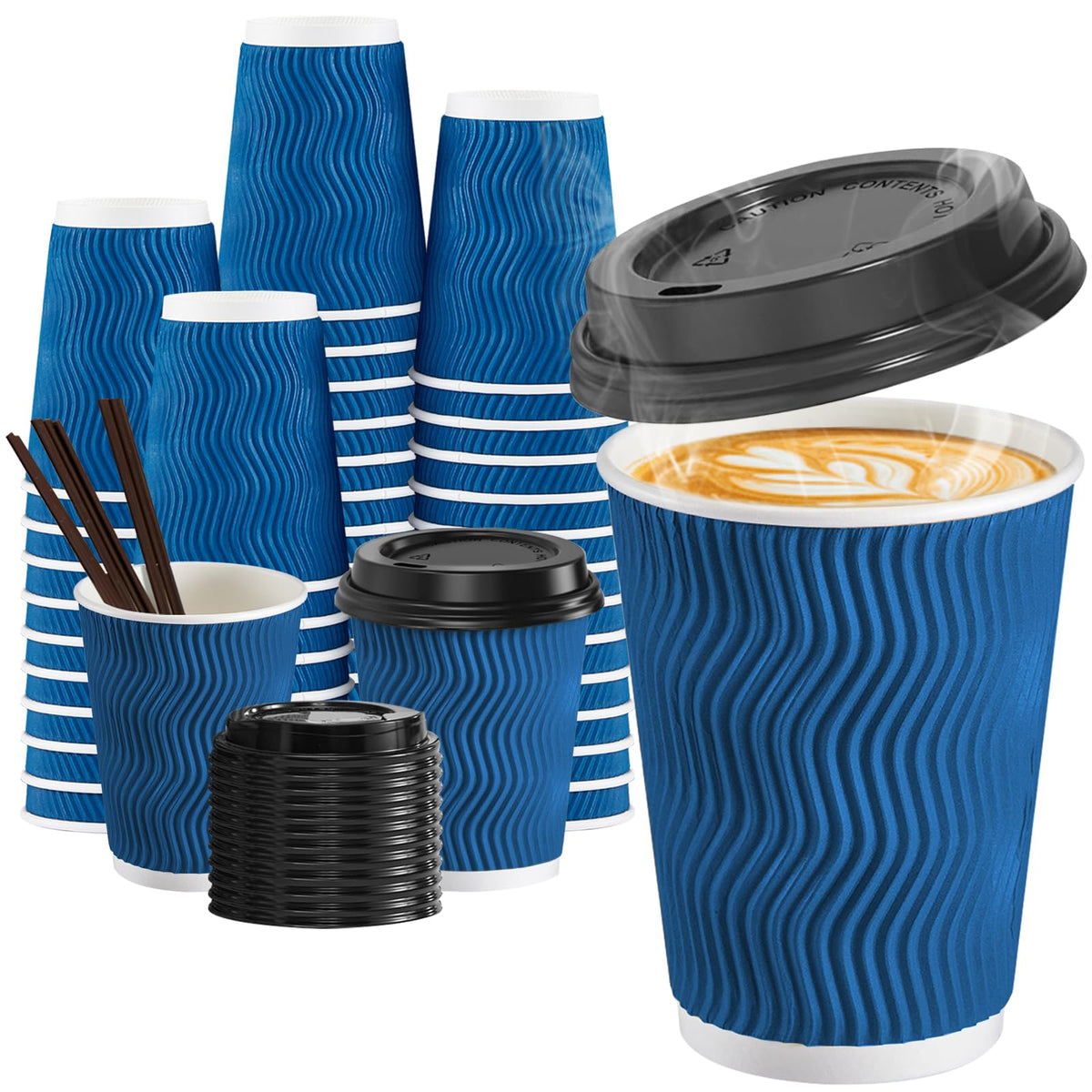 SIUQ 12 oz Coffee Cups-90 Pack Disposable Coffee Cups with Lids and Straws