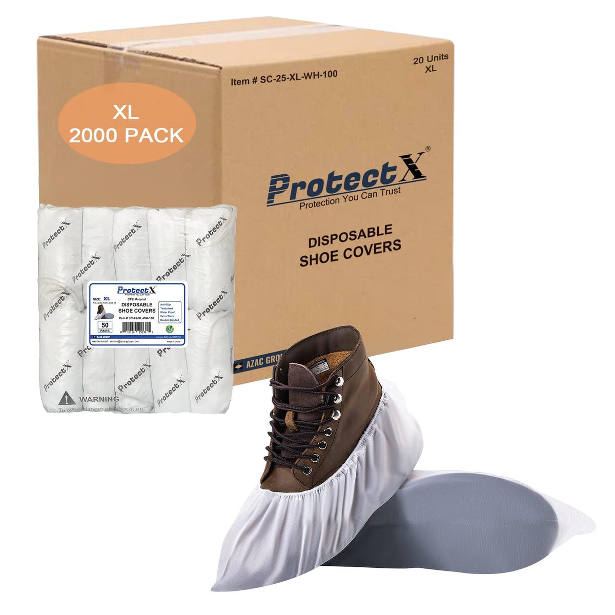 ProtectX Disposable Shoe & Boot Covers, XL Extra Large, 100-pack (50 pairs), Waterproof, Slip Resistant, Durable CPE plastic, Fits up to Men’s 14 US Size and All Women’s US Size Shoes