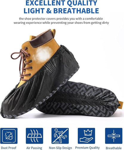 X-Large Shoe Covers Disposable Non-Slip, Non-Woven Fabric Boot Covers, Stretchable Fits Up to Size 13 US Men (Black, 200 Pack)