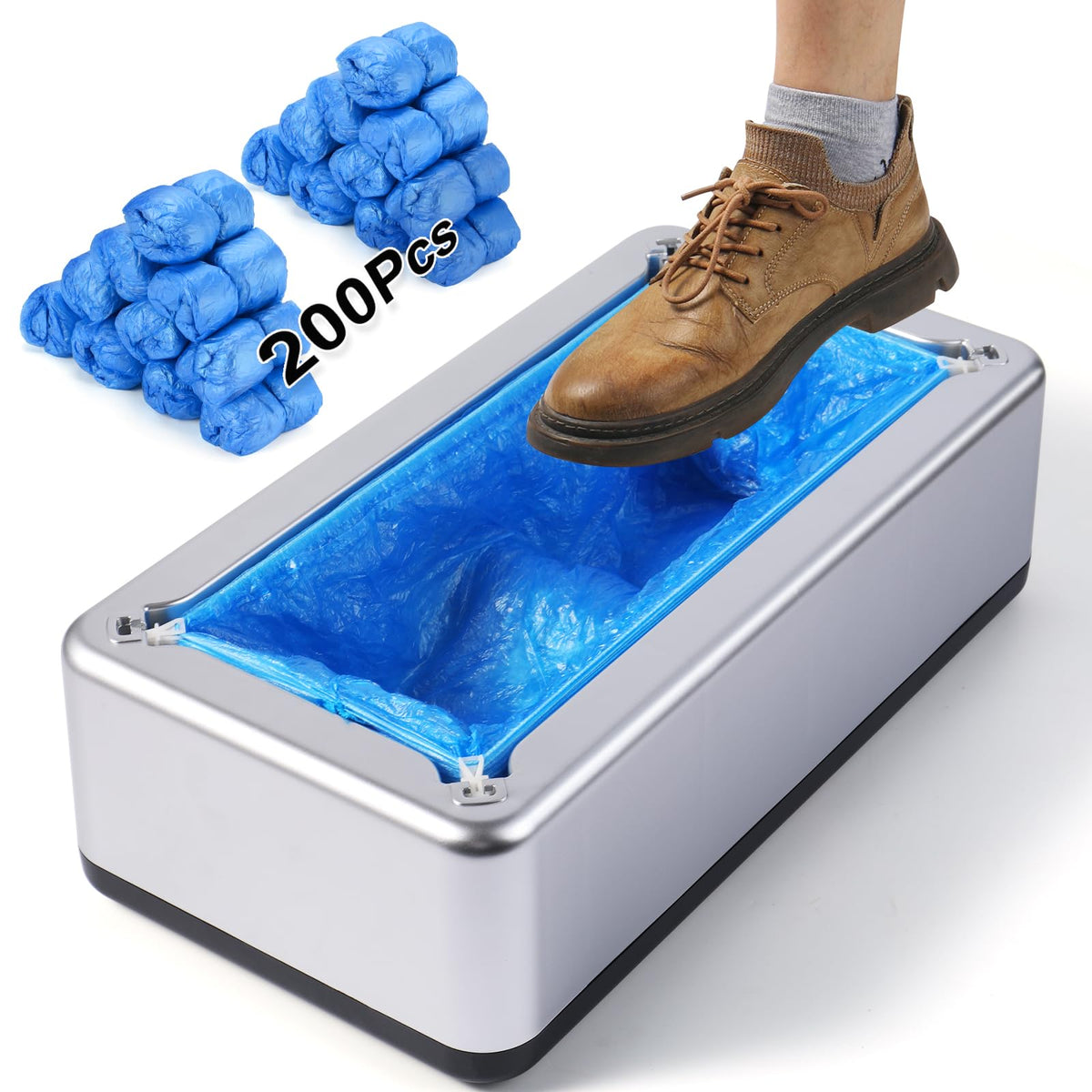 Shoe Covers Dispenser with 200pcs Shoe Cover Disposable Non Slip, User-Friendly and Reliable Shoe Cover Machine, Fits Size Up to 11 US Men, Widely Applicable in Indoor(Silver)