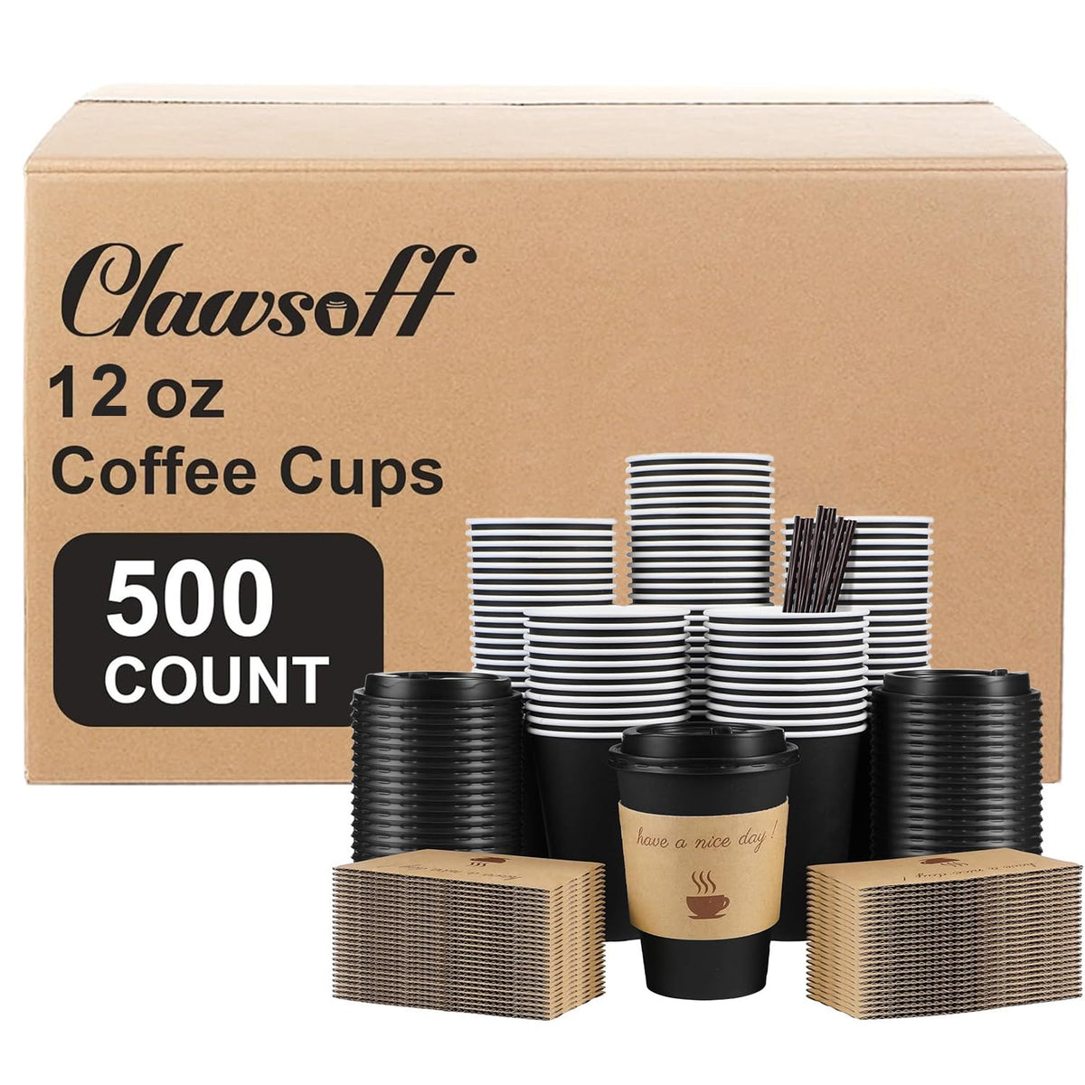 Clawsoff 100 Pack 16 oz Disposable Paper Coffee Cups with Lids(Black)