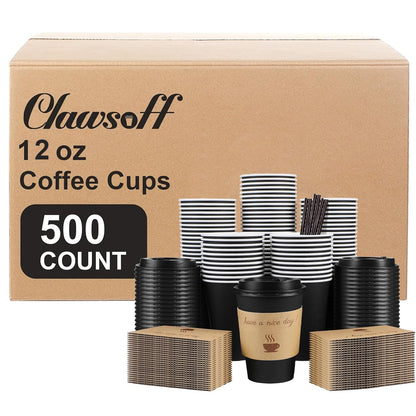 Clawsoff 100 Pack 16 oz Disposable Paper Coffee Cups with Lids(Black)