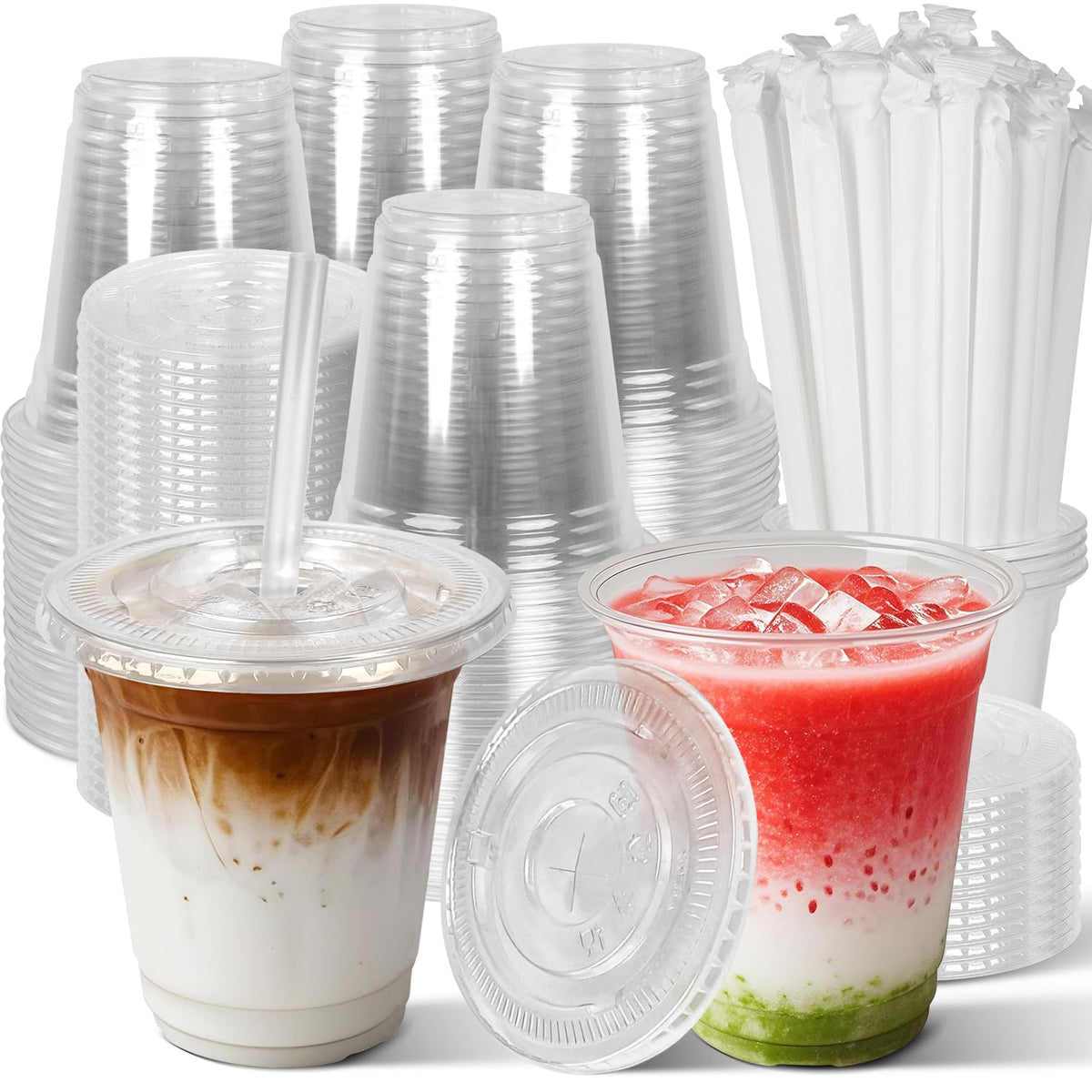 Charmount 100 Sets 16 oz Plastic Cups with Lids and Straws