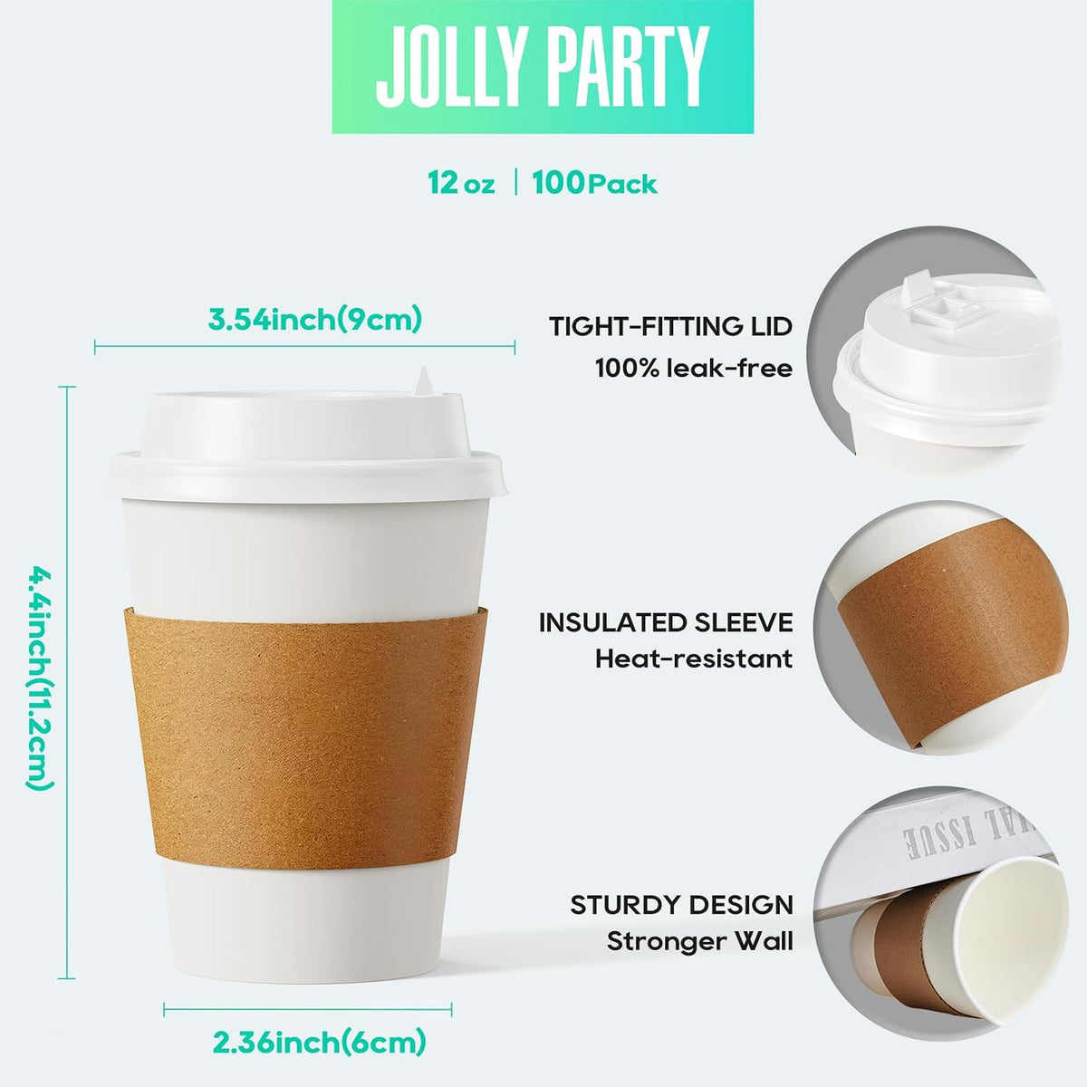 JOLLY PARTY 100 Pack 12 oz Disposable Paper Coffee Cups with Lids & Sleeves