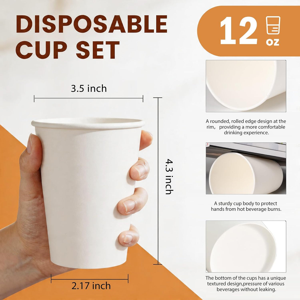 MOUMOULIFE Disposable Paper Coffee Cups 12 oz 300 Count Hot Paper Cups