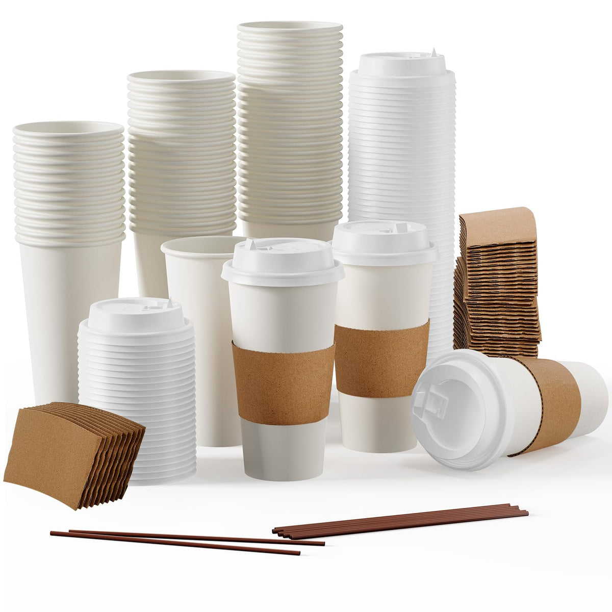JOLLY PARTY 100 Pack 12 oz Disposable Paper Coffee Cups with Lids & Sleeves