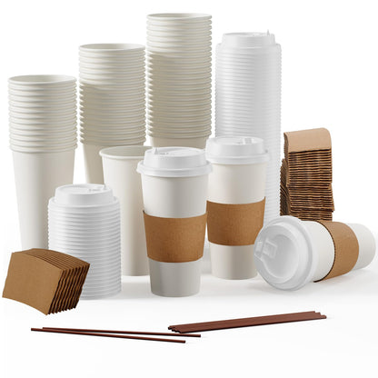 JOLLY PARTY 100 Pack 12 oz Disposable Paper Coffee Cups with Lids & Sleeves